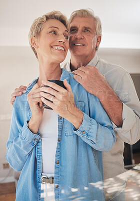Buy stock photo Happy, coffee and morning with senior couple and hug together for love, breakfast and support. Retirement, relax and smile with elderly man and old woman for happiness, care and marriage at home
