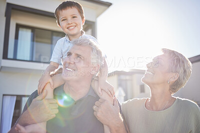 Buy stock photo Children, family and love with a boy and his grandparents playing outside in the garden of their home during a visit. Kids, happy and senior with a male child on the shoulders of his grandfather
