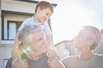 Happy family, baby and grandparents outdoor in summer sunshine with lens flare for vitamin d wellness, healthcare and growth development. Grandmother and grandfather spending time with kid or child