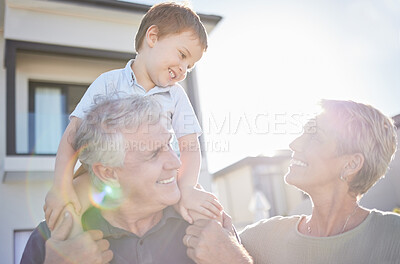 Buy stock photo Happy family, baby and grandparents outdoor in summer sunshine with lens flare for vitamin d wellness, healthcare and growth development. Grandmother and grandfather spending time with kid or child