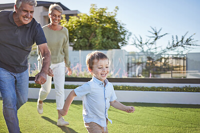 Buy stock photo Family, grandparents and running with child in garden for happy, health and love together. Care, motivation and summer with elderly couple and kids on grass for youth, smile and game in neighborhood