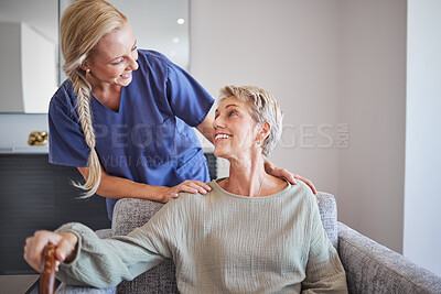 Buy stock photo Nurse, healthcare and retirement with a senior woman and carer in a home for health, care and wellness. Medical, insurance and assisted living with an eldery female patient and a caregiver inside