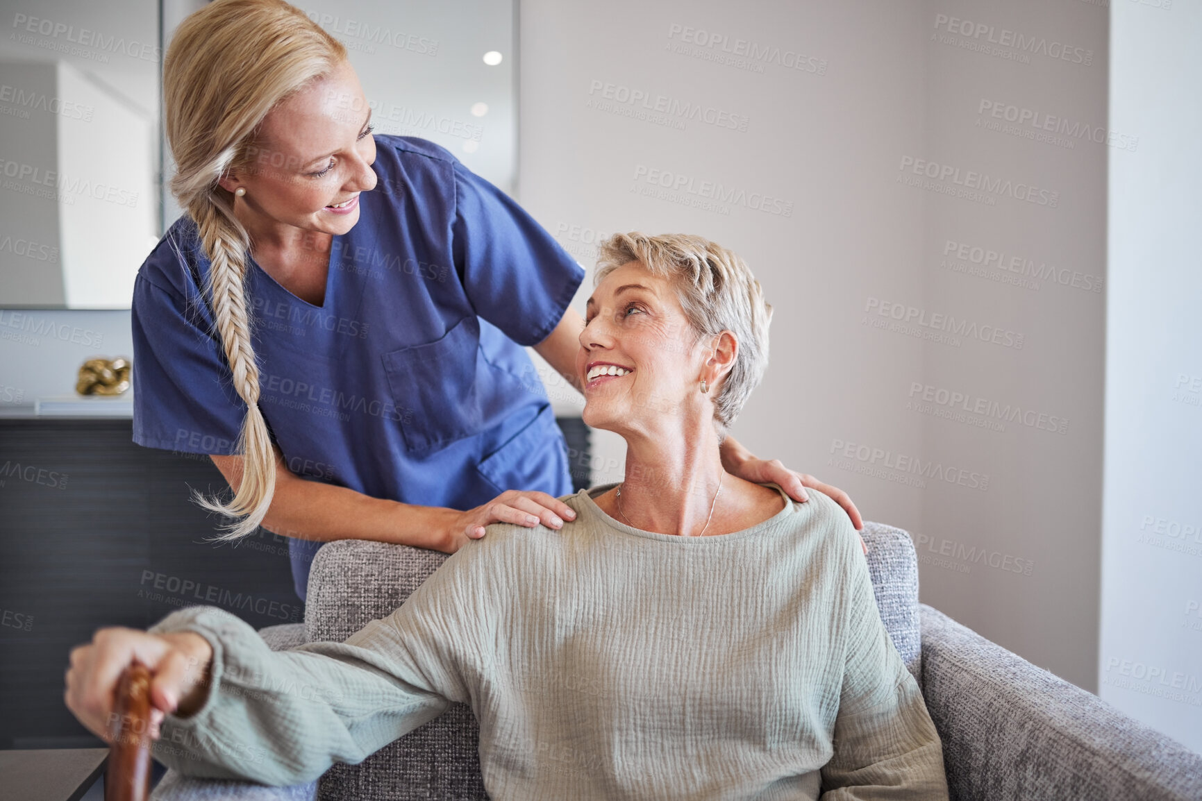 Buy stock photo Nurse, healthcare and retirement with a senior woman and carer in a home for health, care and wellness. Medical, insurance and assisted living with an eldery female patient and a caregiver inside