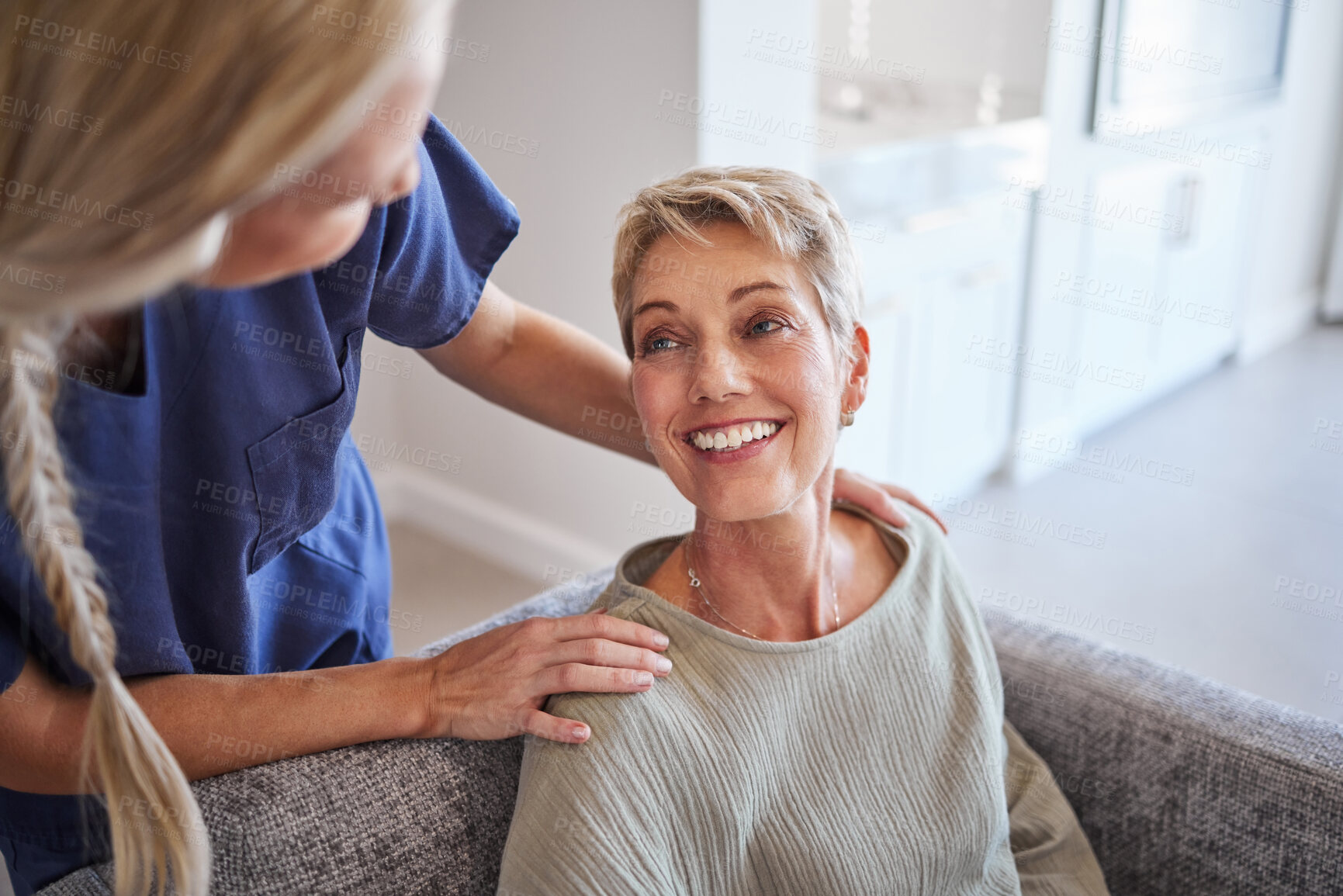 Buy stock photo Senior woman nursing home for healthcare, support and therapy in retirement. Elderly, smile and happy patient with medical help, hope and kindness from nurse, caregiver and therapist for disability