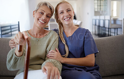 Buy stock photo Portrait nurse and senior woman with cane on sofa for help, trust and healthcare support at nursing home. Retirement, disability and helping patient or geriatric caregiver smile for physical therapy