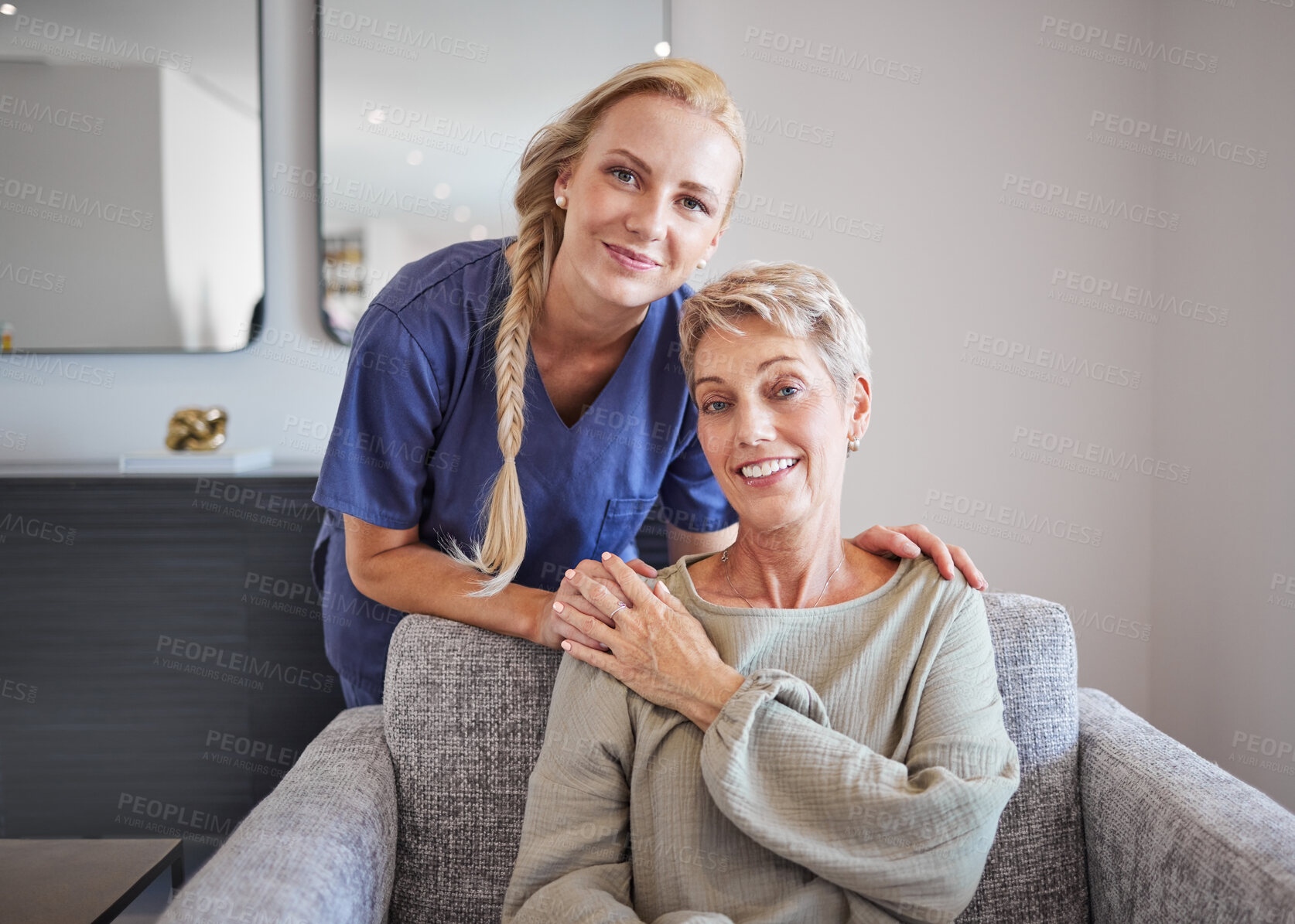 Buy stock photo Portrait of elderly woman with a nurse, bonding during checkup at assisted living home. Smile, support and happy mature patient relax and enjoy time with a loving, kind healthcare worker on a sofa