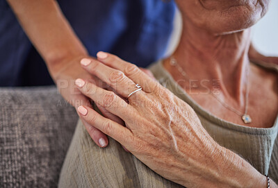 Buy stock photo Senior, hands and care for love, support in mature health and generations indoors at home. Hand of a elderly lady holding caregiver in trust, comfort and reliable gentle embrace and respect for elder