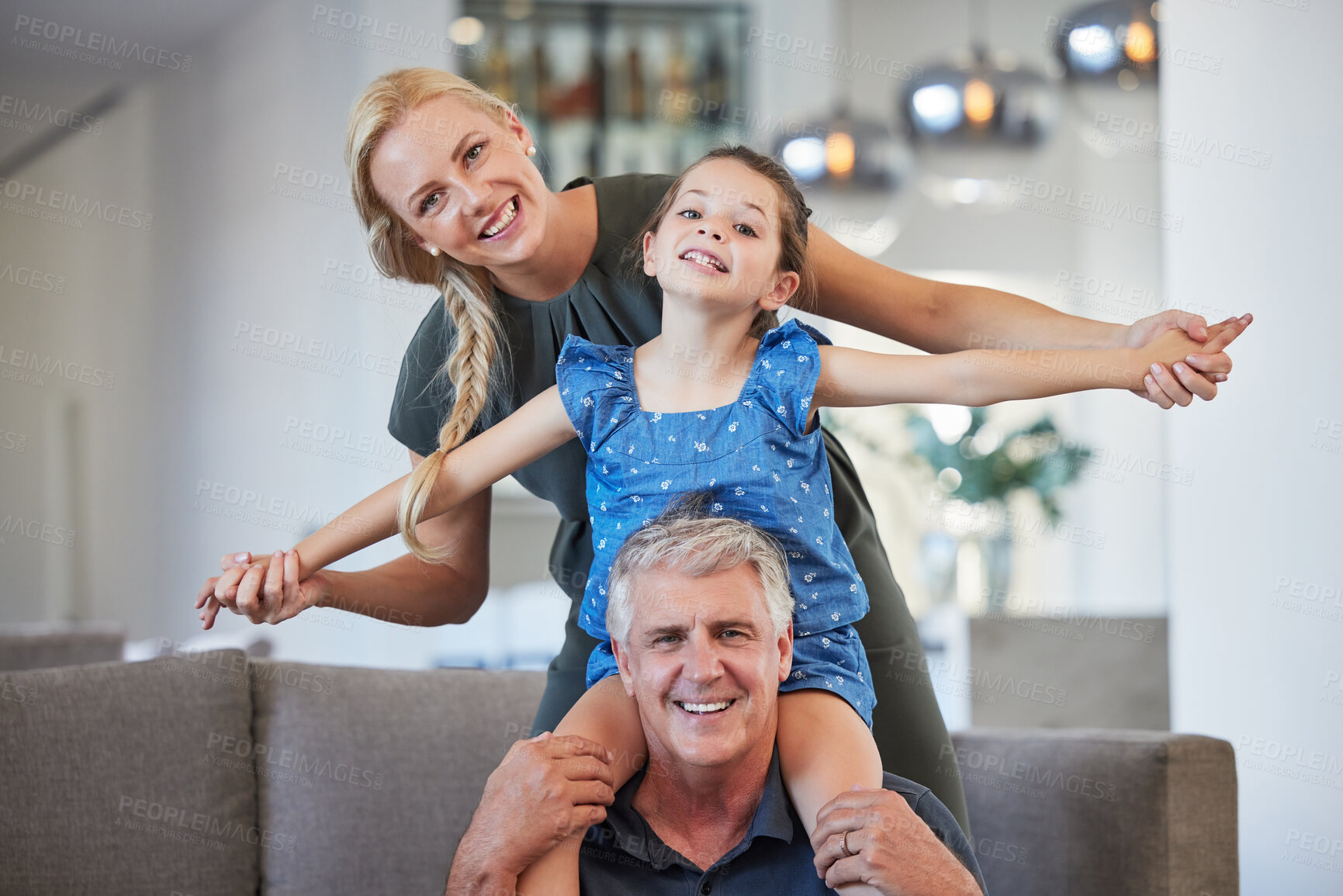 Buy stock photo Happy senior grandfather on couch in home together on sofa with adult daughter and grandchild in retirement and love. Portrait of woman play and smile with kid, father and girl relax in living room