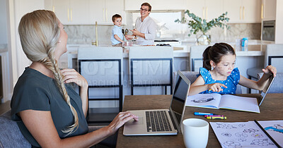 Buy stock photo Family, children learning and mother work from home on laptop with father cooking in busy house. Happy parents or mom working on laptop, girl with tablet drawing for elearning and kid helping dad 