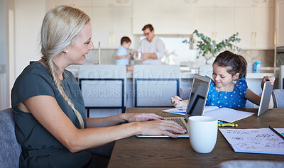 Buy stock photo Family, children and education with a business woman working from home and her girl child doing homework. Remote work, kids and parents with a mother at work and her daughter learning for school