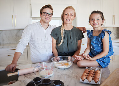 Buy stock photo Family, kitchen and happy baking portrait for bonding time together with child in home. Young caucasian parents teaching daughter cooking preparation skill for a fun household activity.