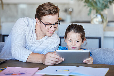 Buy stock photo Education, learning and father and child on digital tablet, distance learning at tablet at home together. Happy, girl and parent bonding during homeschooling lesson, online educational program