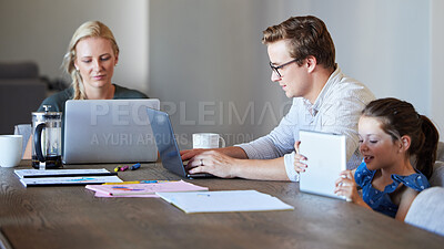 Buy stock photo Family working on laptop with child learning on digital tablet in their home dining room table. Remote multimedia parents with finance, schedule or time management while girl kid watch cartoon online