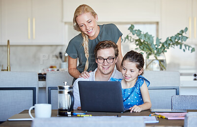 Buy stock photo Family, laptop and distance learning child or parent working from home on internet for educational games or remote work at home table. Mother, father and a little girl with wifi to enjoy subscription