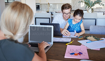 Buy stock photo Laptop screen, work from home with family, parents and children for productivity, work life balance and learning together at table. Remote work of business woman mother with father and kid drawing