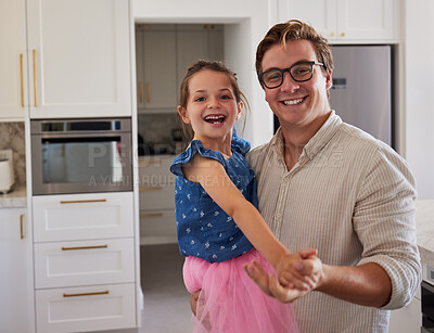 Buy stock photo Happy family, dance and portrait of father and daughter dancing, bonding and laugh while playing in living room together. Love, fun and relax by girl and parent enjoying playful, silly time in home