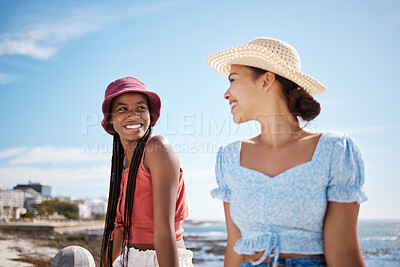 Buy stock photo Summer, travel and girl friends at beach to relax with sun hat fashion enjoying holiday. Young women friendship with black woman and latino lady enjoying ocean vacation sunshine together.