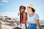 Beach smile, travel summer and friends happy on a holiday in nature of Miami, excited about vacation time together and talking by the ocean in spring. African women in communication by the sea