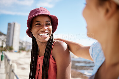 Buy stock photo Black woman, summer and bonding with friends by beach, ocean and sea in Miami, Florida. Smile, happy or relax fashion tourist, students or people laughing in city travel location for holiday vacation