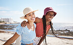 Smile, love and gay or lesbian with black couple women bonding at beach or sea in summer. Freedom, happy and LGBT portrait of fun friends or girlfriend on holiday, vacation or honeymoon by the coast