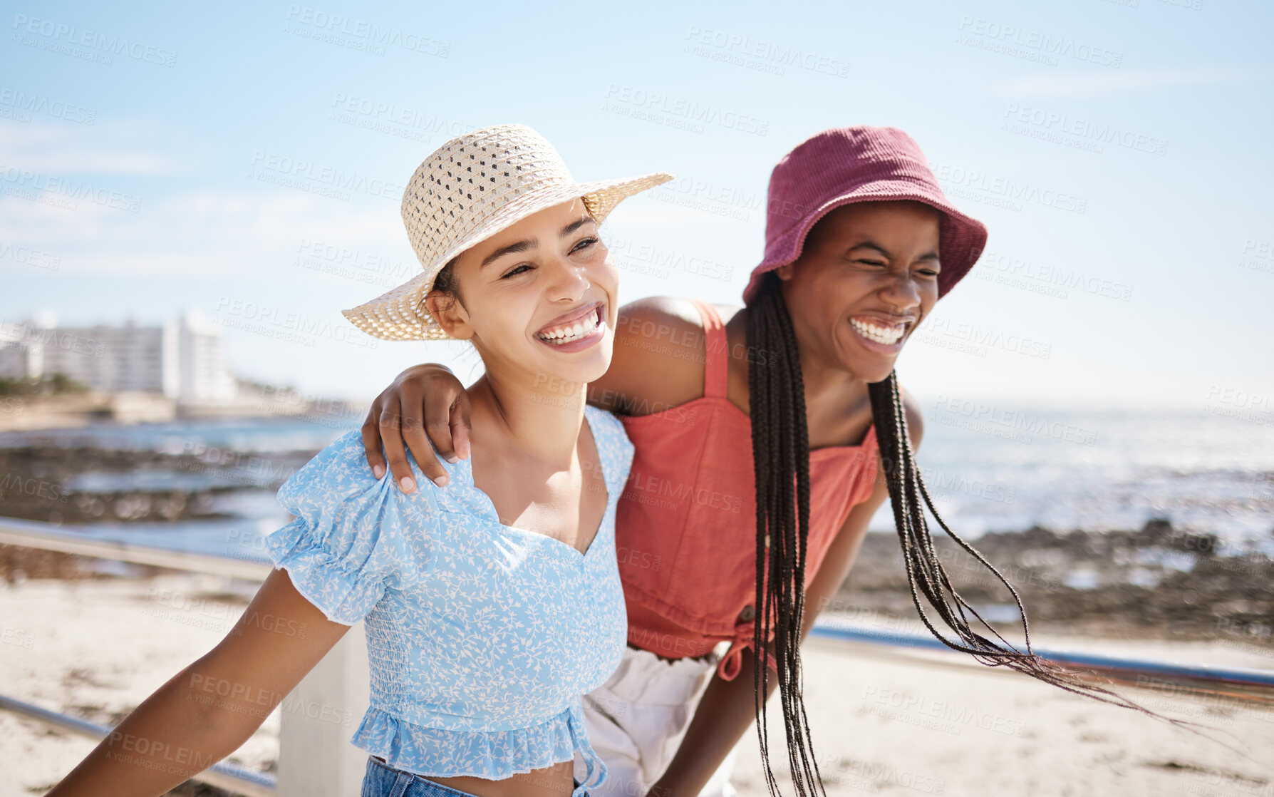 Buy stock photo Smile, love and gay or lesbian with black couple women bonding at beach or sea in summer. Freedom, happy and LGBT portrait of fun friends or girlfriend on holiday, vacation or honeymoon by the coast