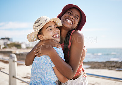 Buy stock photo Happy, friends smile and hug on beach on holiday in summer. Traveling to the coast on vacation is good for mind, body and spiritual health. Women love to tan in the sun, explore nature and the sea 

