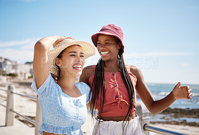 Buy stock photo Happy women, friends and summer relax at promenade sea, beach and ocean for fresh air, freedom and fun in Miami Florida. Smile, travel and vacation young people excited for sunshine holiday together