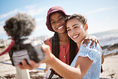 Buy stock photo Women friends, influencer and summer selfies on live streaming holiday, beach travel and video podcast for social media in Miami Florida. Happy gen z young people taking photos at promenade outdoors