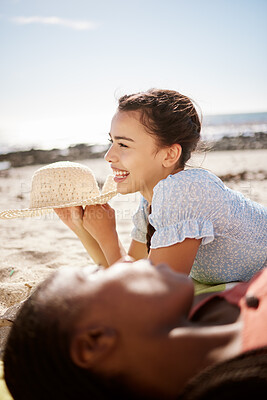 Buy stock photo Beach, sunbathing and girl friends relax together on sunny, sunshine and summer day at ocean or sea sand. Interracial  friendship of young women smile, happy and relaxing outdoor on the coast