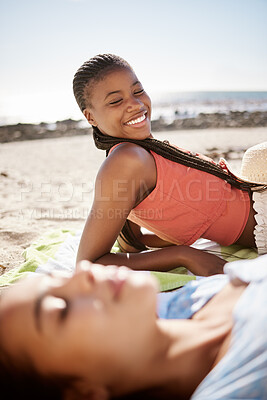 Buy stock photo Friends, tanning and  relax in the sun on the beach during summer vacation outdoor. Ocean travel holiday with women living a life of leisure and getting a natural tan in nature at the sea while rest