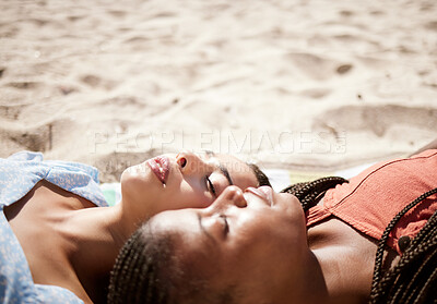 Buy stock photo Beach sleeping, holiday travel and friends on vacation in Miami together, tired by the ocean in spring and relax on holiday. Mockup of African women tanning on the sand during summer in nature