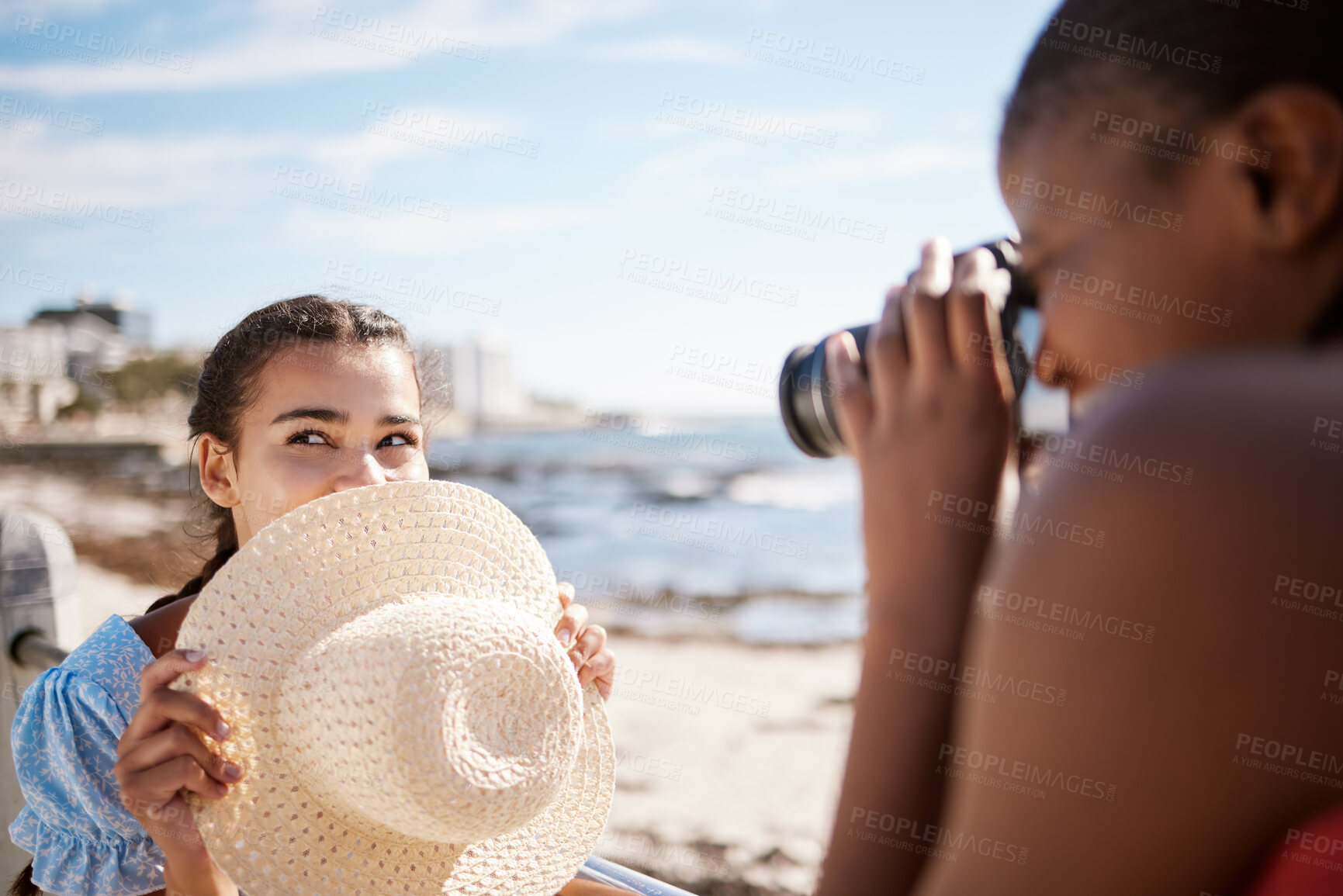 Buy stock photo Travel influencer, women and photographer on beach for Miami, Florida social media review in content creator vlog. Play, bond and fun fashion friends by ocean sea background in photography photoshoot