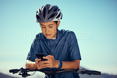 Buy stock photo Woman on bicycle, search gps on smartphone with outdoor 5g internet and mobile application. Young bike cyclist checking location online on modern technology, fitness training for triathlon race