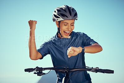 Buy stock photo Cycling watch time, happy woman and success, winner achievement and progress for triathlon competition race. Professional bicycle athlete, fitness smartwatch and fist celebration for sports training