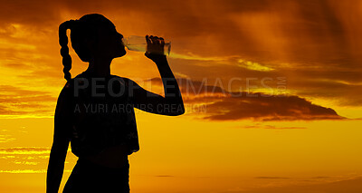 Buy stock photo Shadow, sunset and silhouette woman drinking water for marathon running, fitness exercise and hiking workout on outdoor orange sky. Healthy, thirsty and sports athlete drink bottle for wellness rest