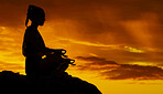 Yoga, mountain and meditation with silhouette of woman at sunset for peace, mind and zen in nature. Freedom, landscape and energy with girl relax after hiking for health, wellness and motivation