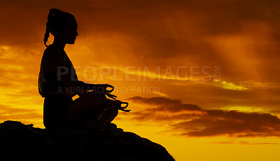 Buy stock photo Yoga, mountain and meditation with silhouette of woman at sunset for peace, mind and zen in nature. Freedom, landscape and energy with girl relax after hiking for health, wellness and motivation