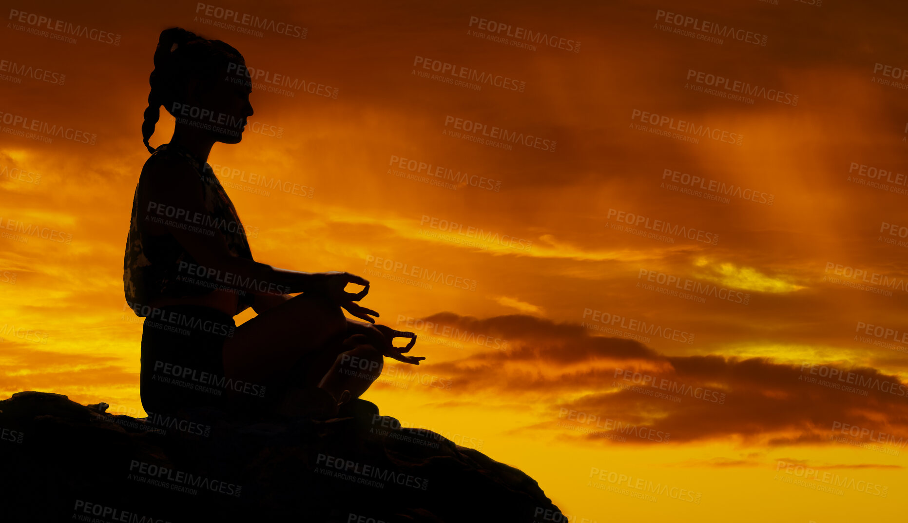 Buy stock photo Yoga, mountain and meditation with silhouette of woman at sunset for peace, mind and zen in nature. Freedom, landscape and energy with girl relax after hiking for health, wellness and motivation