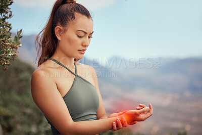 Buy stock photo Woman hand pain, exercise injury and wrist accident outdoor from training, fitness and hiking in glowing red. Health risk of female athlete with body accident, muscle problem and emergency first aid
