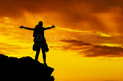 Buy stock photo Dark silhouette, celebrate hiking and man with freedom while trekking in nature, success on adventure in sunset and travel on mountain of Canada. Person on cliff walking with joy on holiday in summer