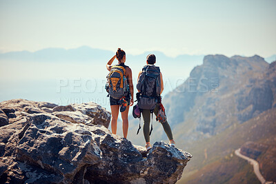 Buy stock photo Nature, travel and hiking friends on mountain landscape with fitness, wellness and workout in summer. Freedom, rock sport or couple with backpack, health and sports exercise or training