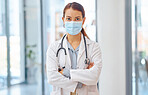 Leadership, success and covid face mask woman doctor in medical corona virus healthcare, safety and protection trust. Girl, vision and mission in covid 19 management innovation at hospital or clinic