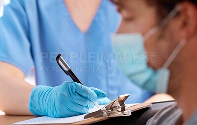 Buy stock photo Checklist, covid face mask of patient in doctor consultation for healthcare insurance, safety and compliance with medical worker writing. Nurse consulting with sick man for corona virus clinic help