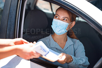 Buy stock photo Car driver, face mask and document covid woman exam medical report for security, safety and corona virus protection. Paper form, girl worker and motor vehicle pass Covid 19 healthcare test questions