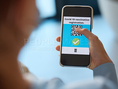 Buy stock photo Covid phone, vaccine qr code and person with registration for medical passport, barcode for work security and healthcare safety in office. Worker with digital vaccination certificate on mobile