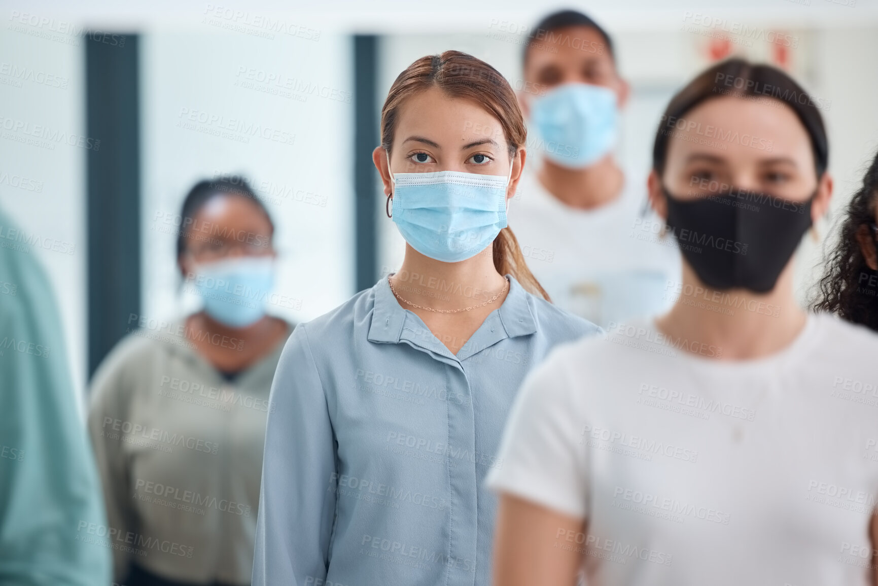 Buy stock photo Compliance, workers and covid rules in an office with colleagues social distancing and standing in unity. Trust, management and safety by ambitious employee working through a pandemic together