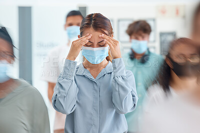 Buy stock photo Covid, headache and business woman in mask in busy work environment, company office lobby or people crowd. Health, healthcare safety ppe or female burnout stress, sick or corona virus infection pain
