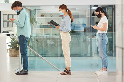 Buy stock photo Covid, screening and queue with people waiting in line to enter an office for work with regulations and restrictions. A business man and women standing in a row during the corona virus pandemic