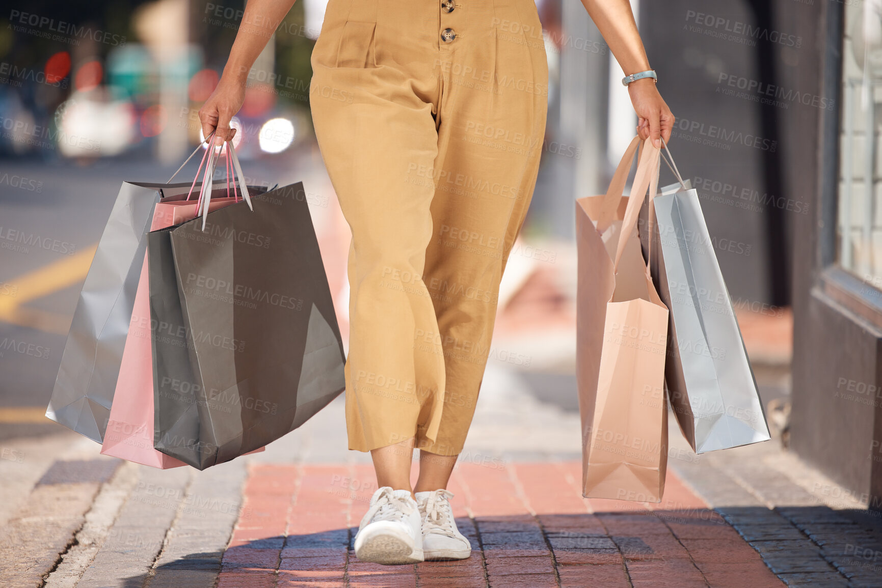 Buy stock photo Walking woman in city with retail shopping bag, discount sales and market service deals. Closeup of rich customer, consumer spending and wealthy female person in street outdoors buying luxury fashion