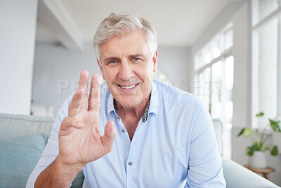 Buy stock photo Video call portrait, senior greeting and man in communication on a webinar, virtual conference or meeting on the internet on living room sofa in home. Mature business person waving on web seminar